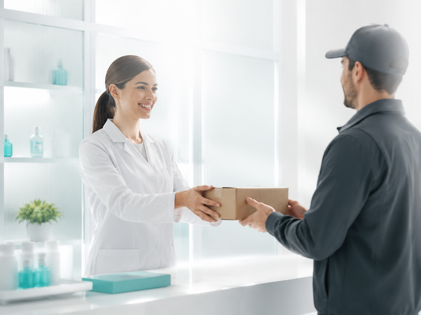 A pharmacy professional coordinating a discreet medication delivery