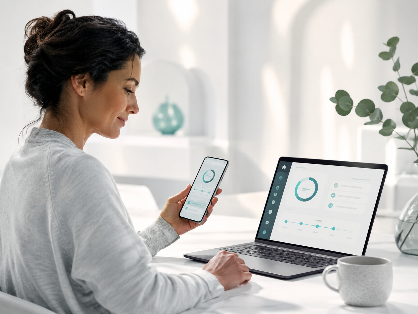 A patient following care updates on a phone and laptop