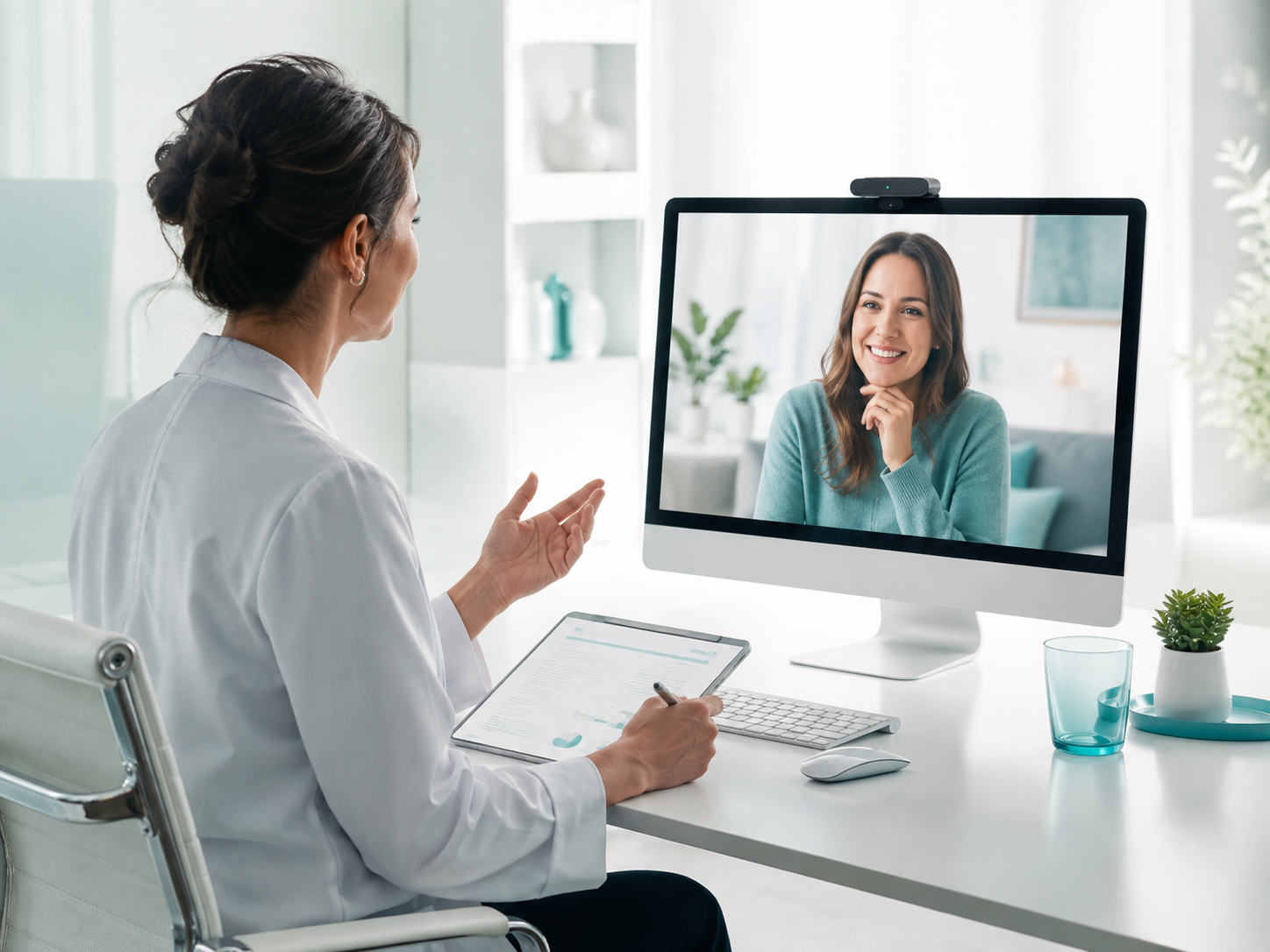 A clinician speaking with a patient during an online provider review
