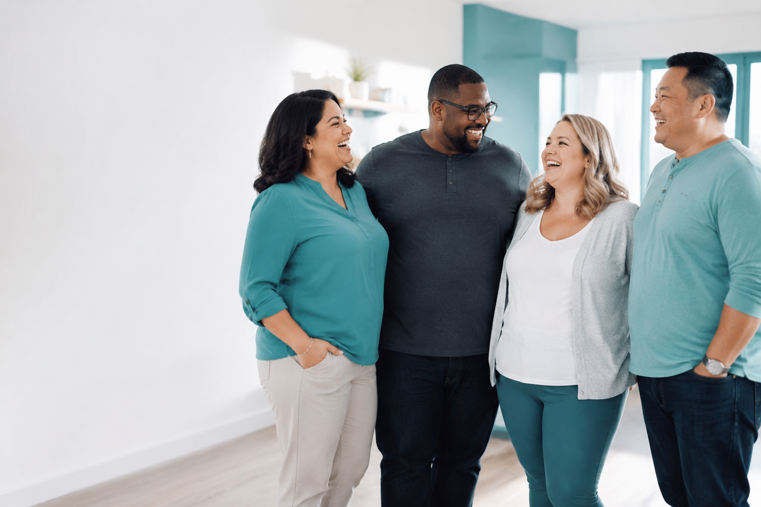 A diverse group of adults smiling together with confidence